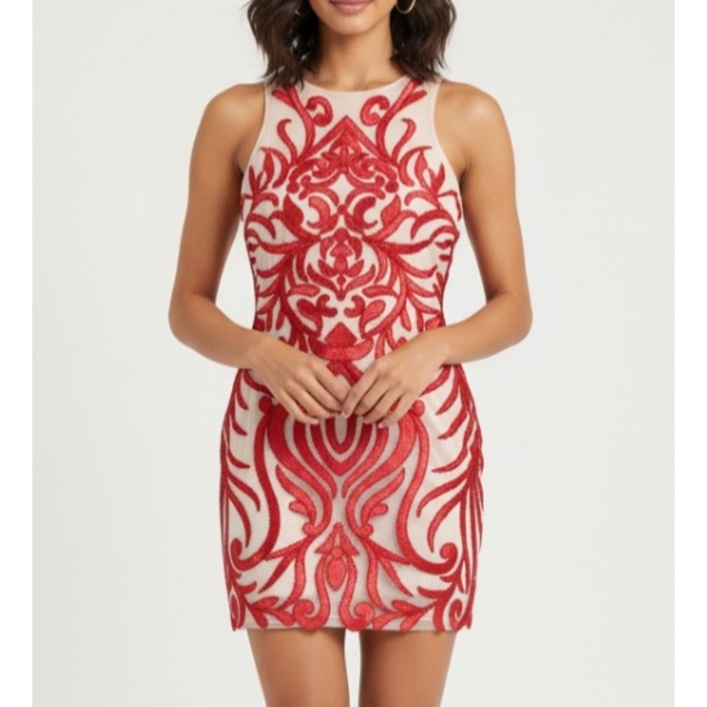 NWT Minuet Cocktail Hoco Dress NUDE MESH w/RED BEADED EMBROIDERED Christmas SZ L
